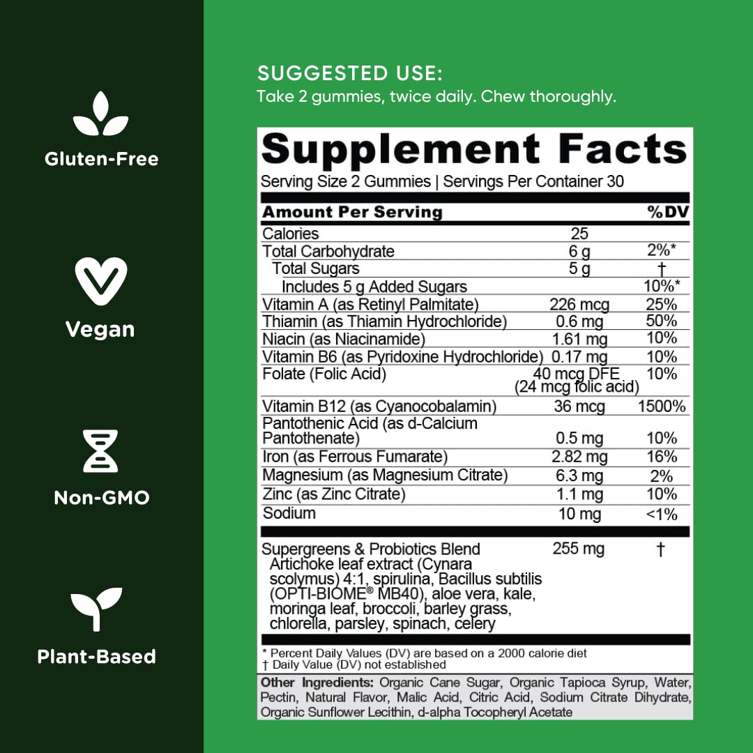 Close-up of Goli SuperGreens gummies and label