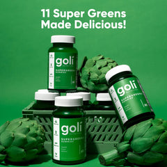 Goli SuperGreens Vitamin Angels and USA-made claim on packaging