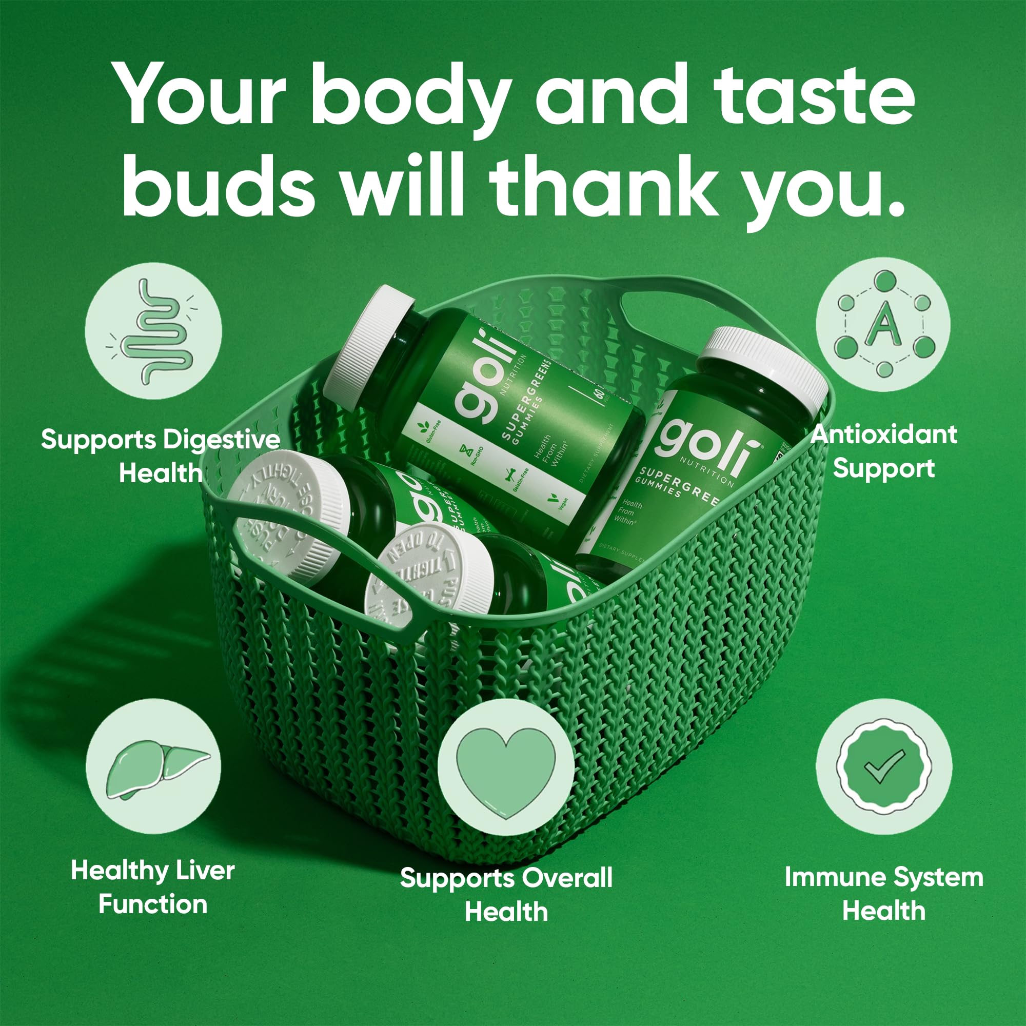 Goli Supergreens artichoke leaf extract illustration emphasizes digestive and antioxidant notes.