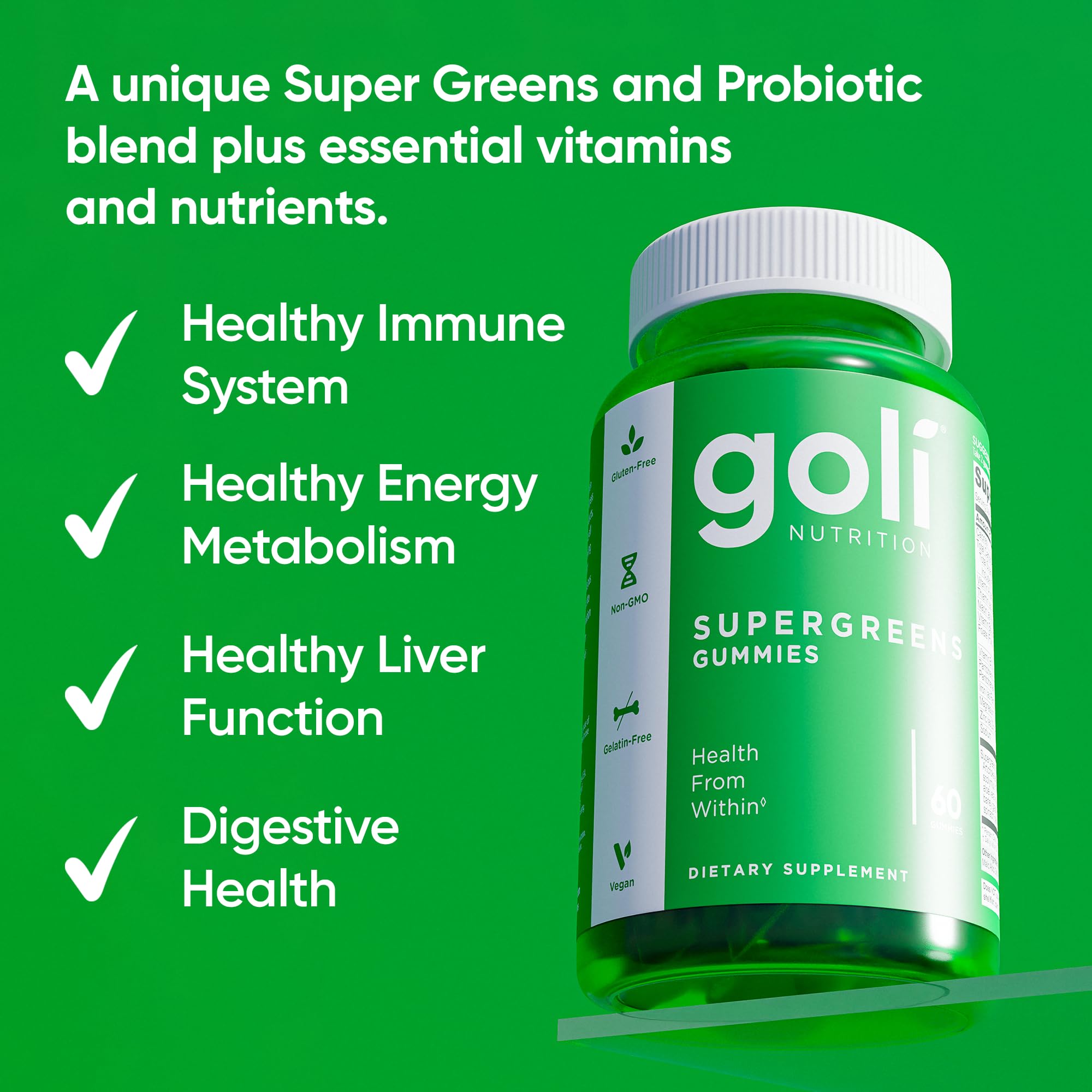 Goli Supergreens bottle side label highlights vitamins and probiotic benefits.