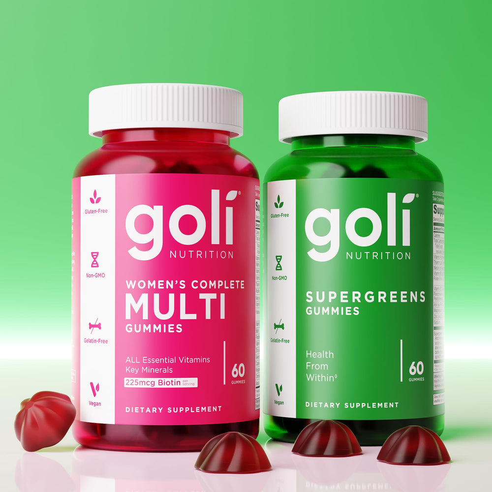Goli Supergreens daily-use image suggests two gummies twice daily routine.