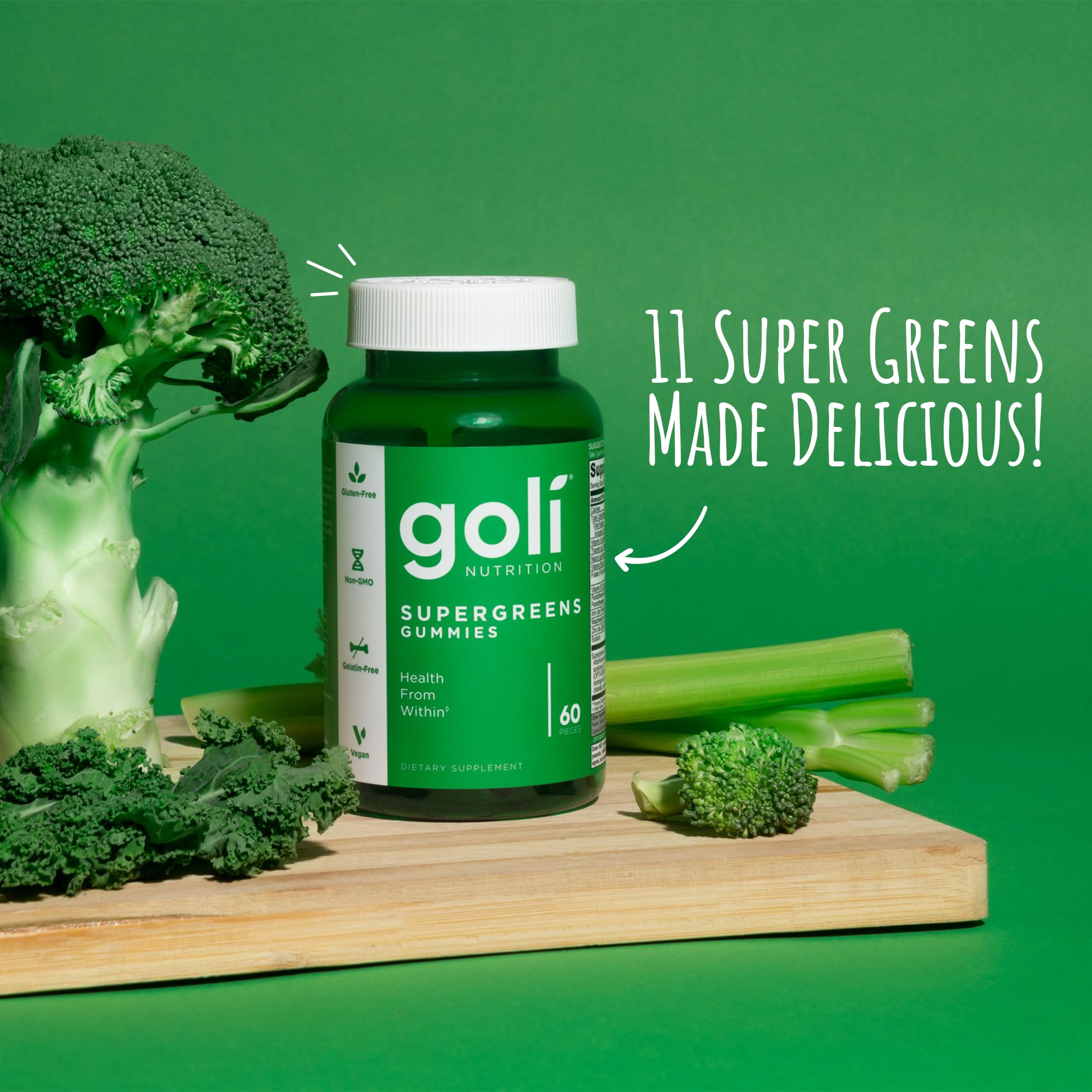 Goli Supergreens gummies closeup show colorful, tasty greens for on-the-go nutrition.