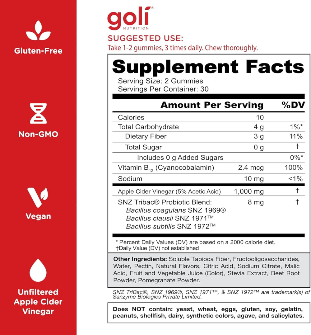 Goli ingredient label closeup showing probiotics, B12, and ACV