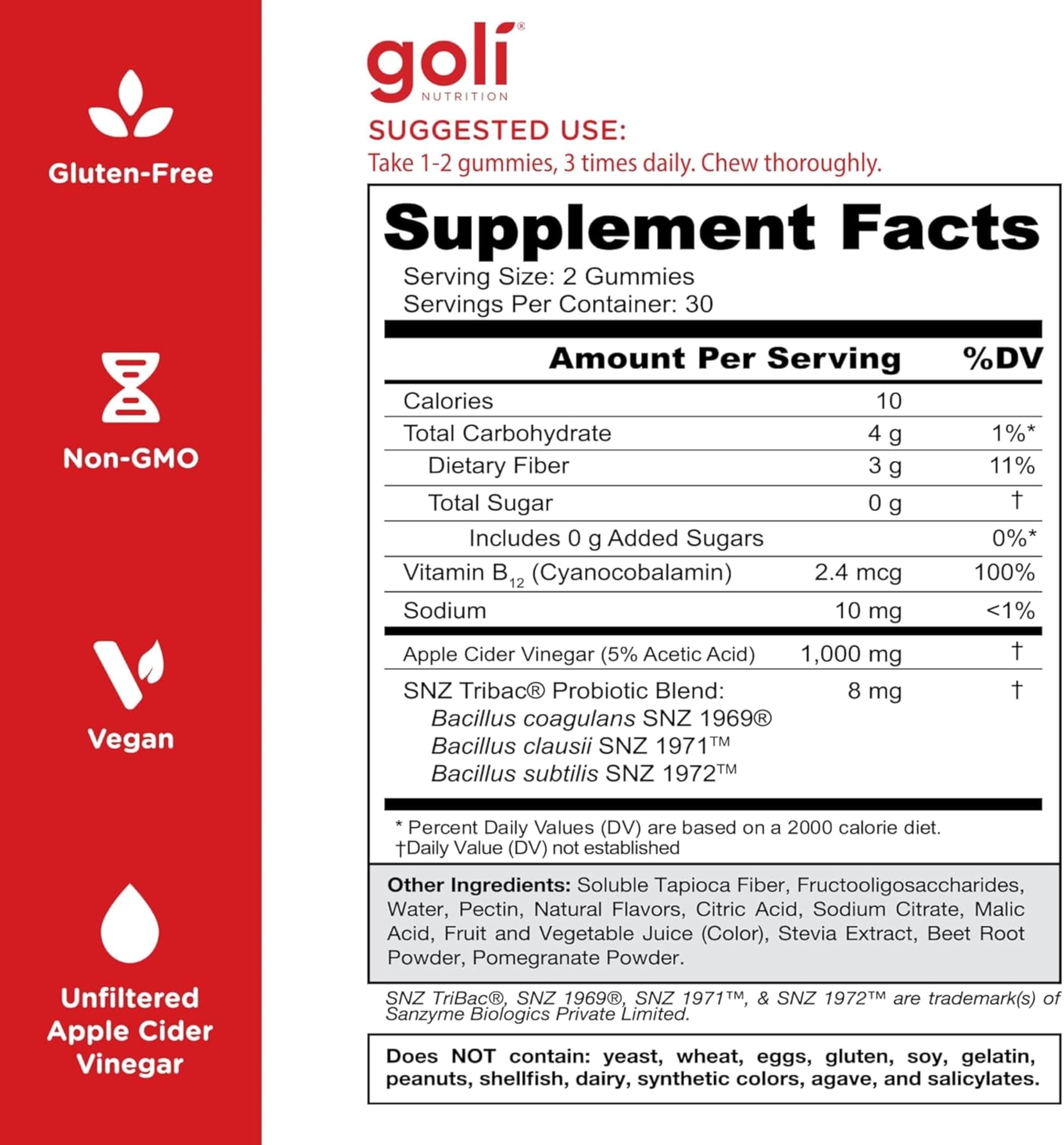 Goli nutrition label close-up displaying B12 and probiotic ingredients