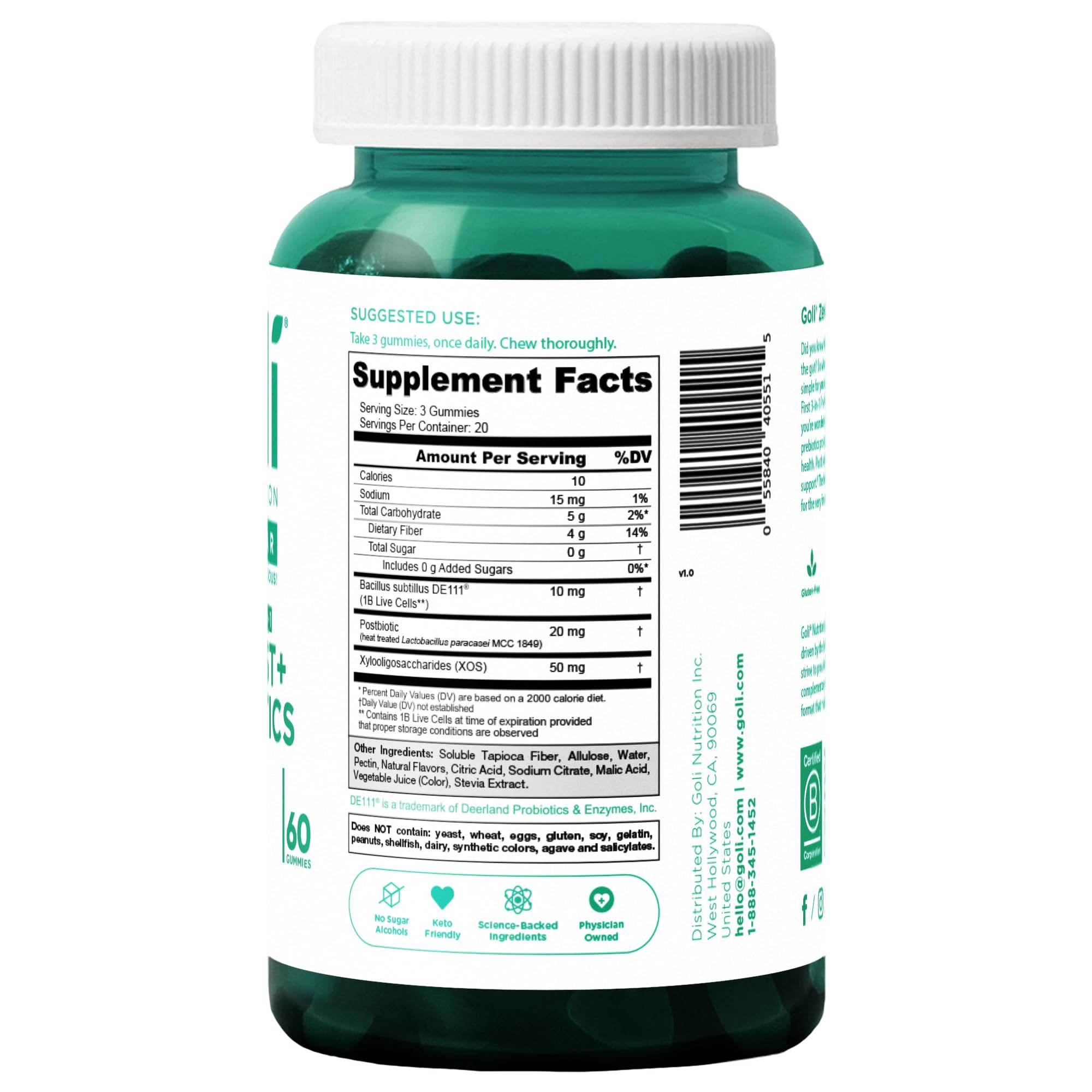 Close-up of Goli Zero Sugar Pre, Post & Probiotic Gummies bottle label