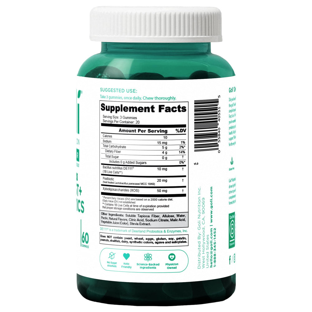 Close-up of Goli Zero Sugar Pre, Post & Probiotic Gummies bottle label