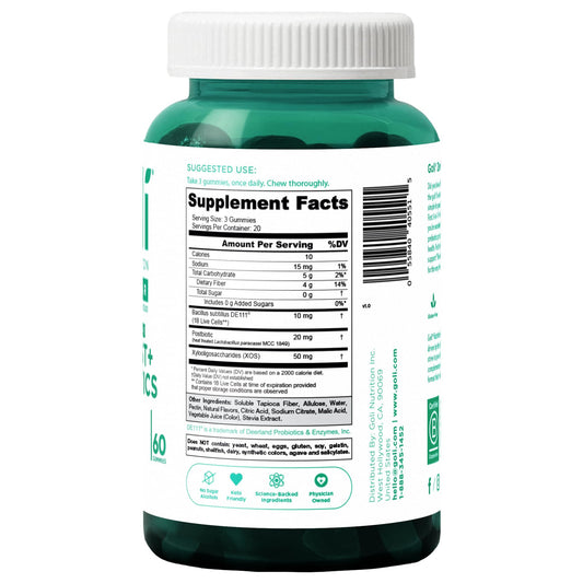 Close-up of Goli Zero Sugar Pre, Post & Probiotic Gummies bottle label