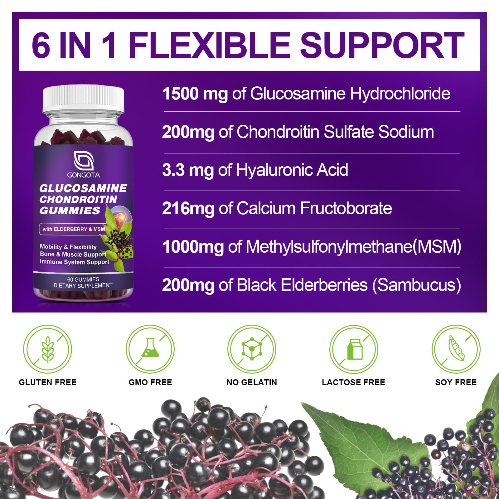 GONGOTA glucosamine-chondroitin gummies label view shows clear ingredients.
