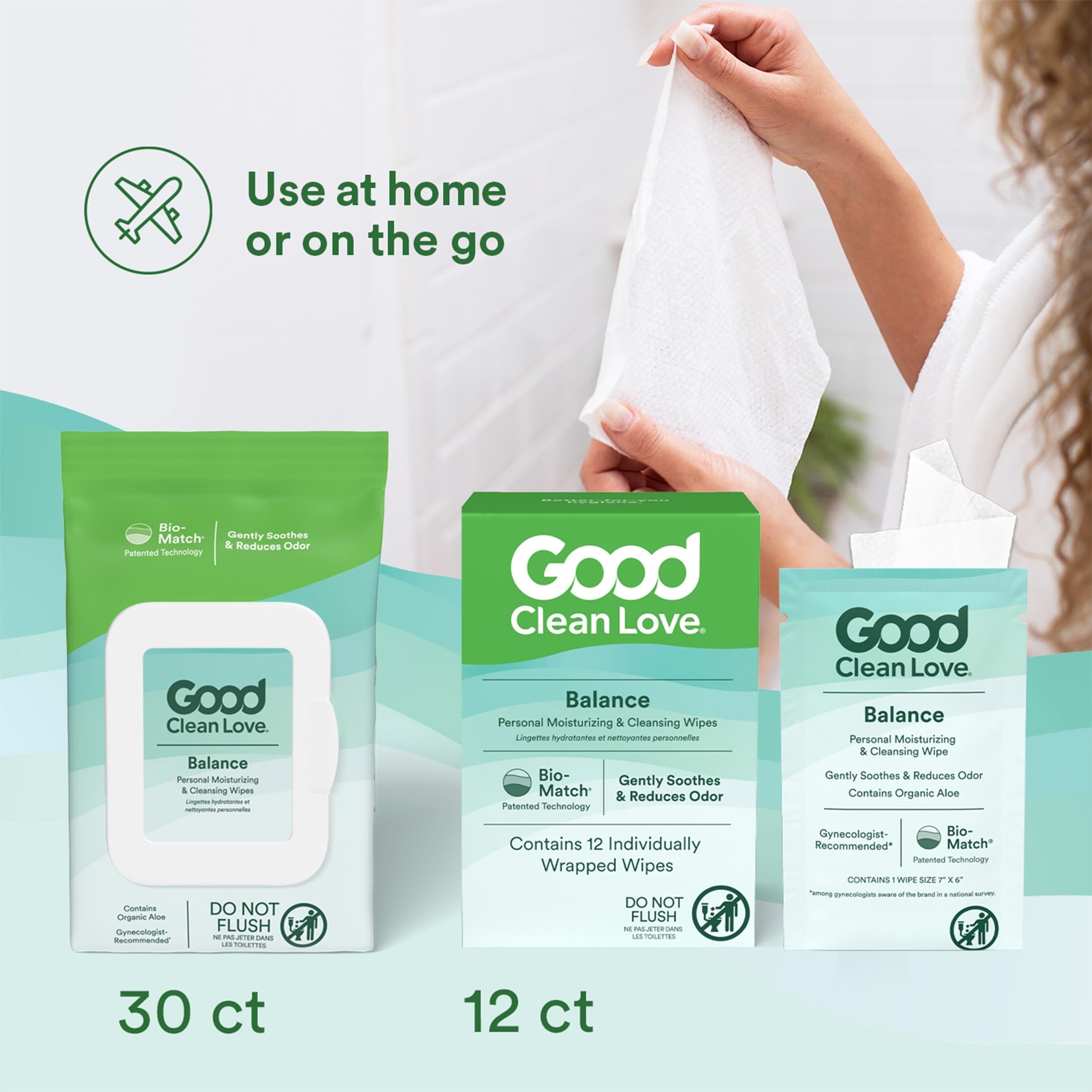 Good Clean Love Balance wipes highlight Bio-Match technology for natural balance.