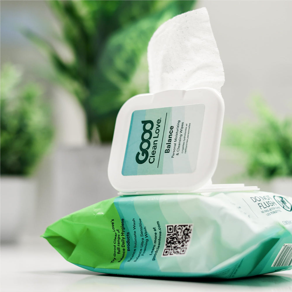Good Clean Love Balance wipes biome-support through pH-balanced formula.