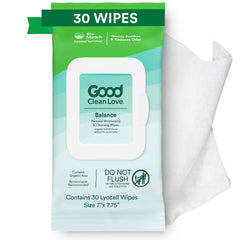 Good Clean Love Balance wipes pack close-up for daily freshness.