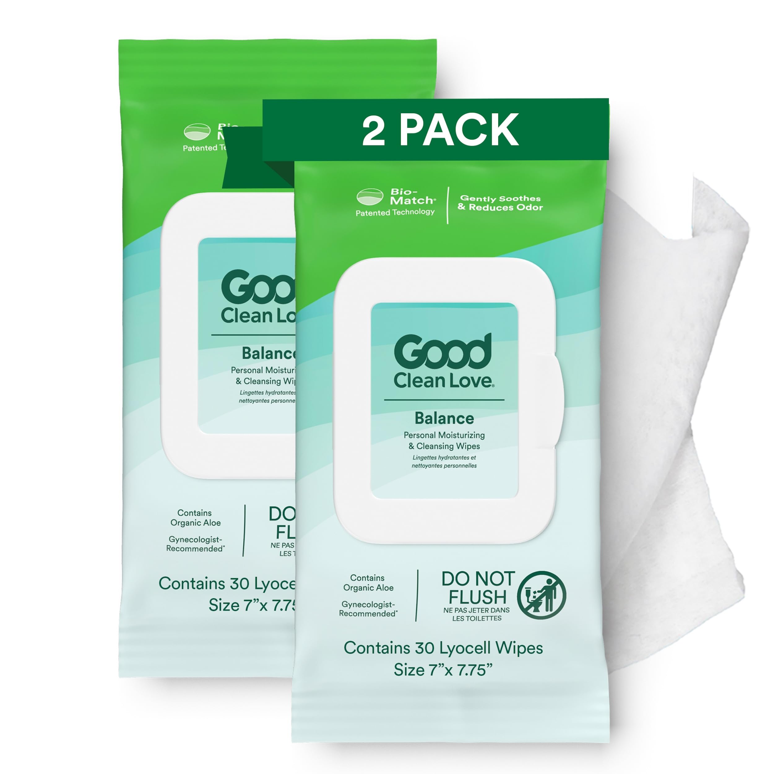 Good Clean Love Balance wipes packaging for daily freshness on the go.