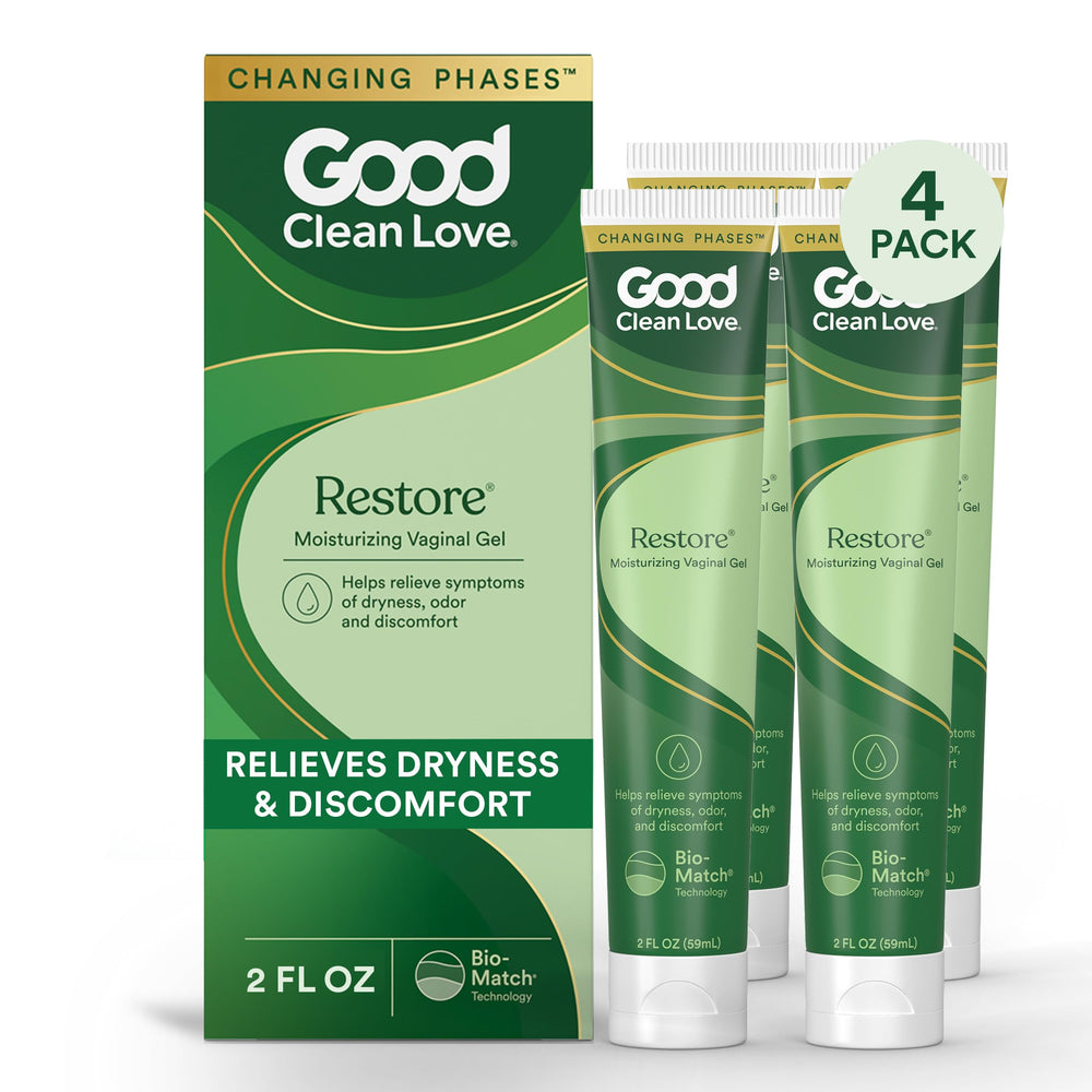 Good Clean Love Restore bottle shows smooth, hydrating gel for daily comfort.