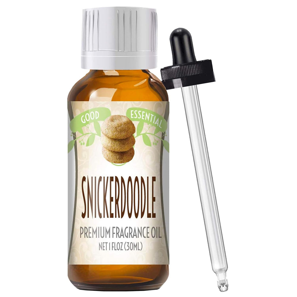 Amber glass bottle of Good Essential Snickerdoodle Fragrance Oil (1 oz) for candles, soaps, and diffusers