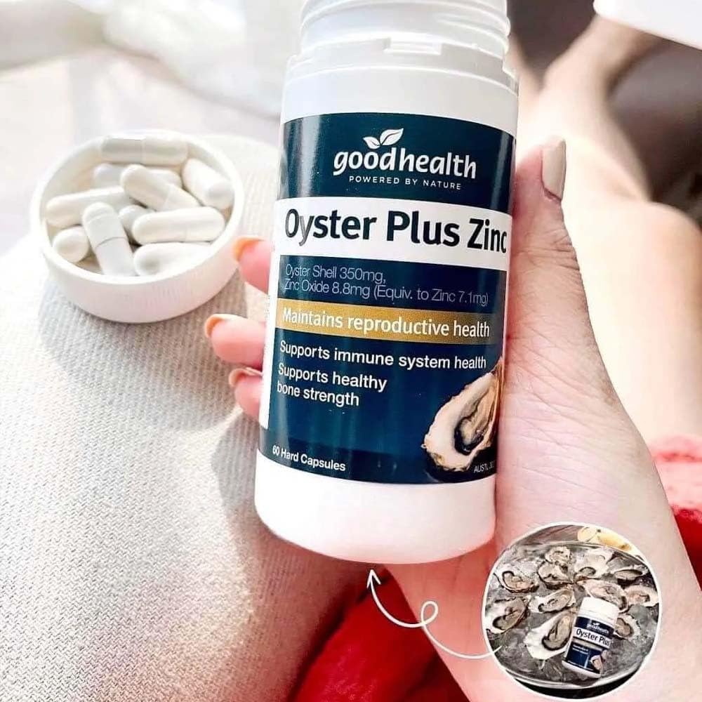 Close-up of Oyster Plus capsules highlighting zinc and taurine