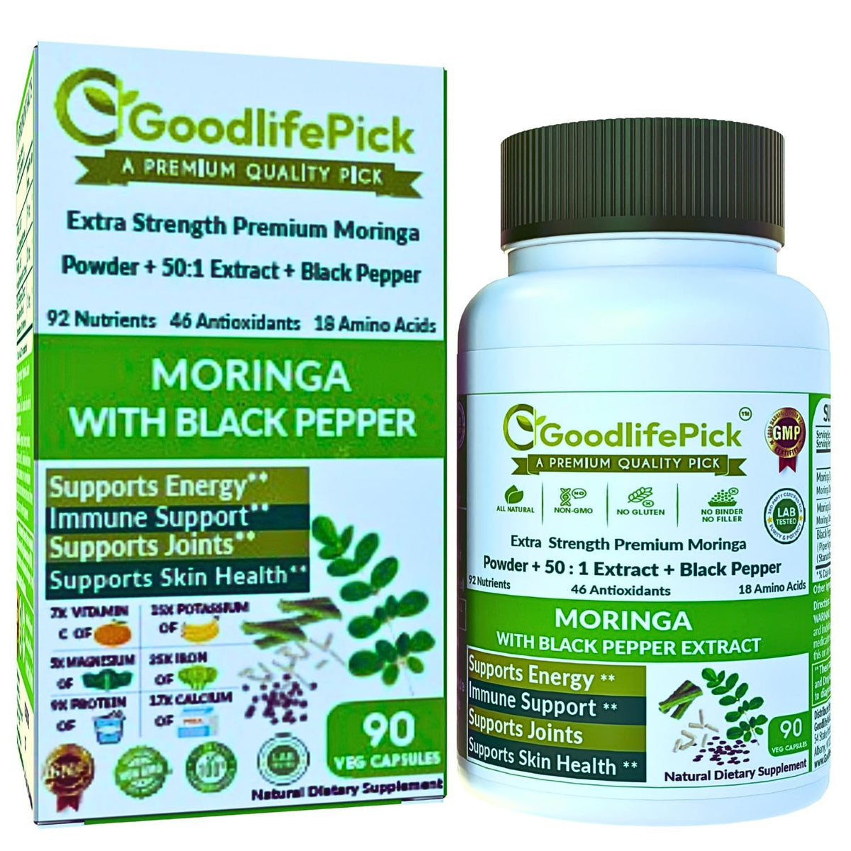 GoodlifePick Moringa Capsules with Black Pepper and 50:1 Moringa Extract – 90 count