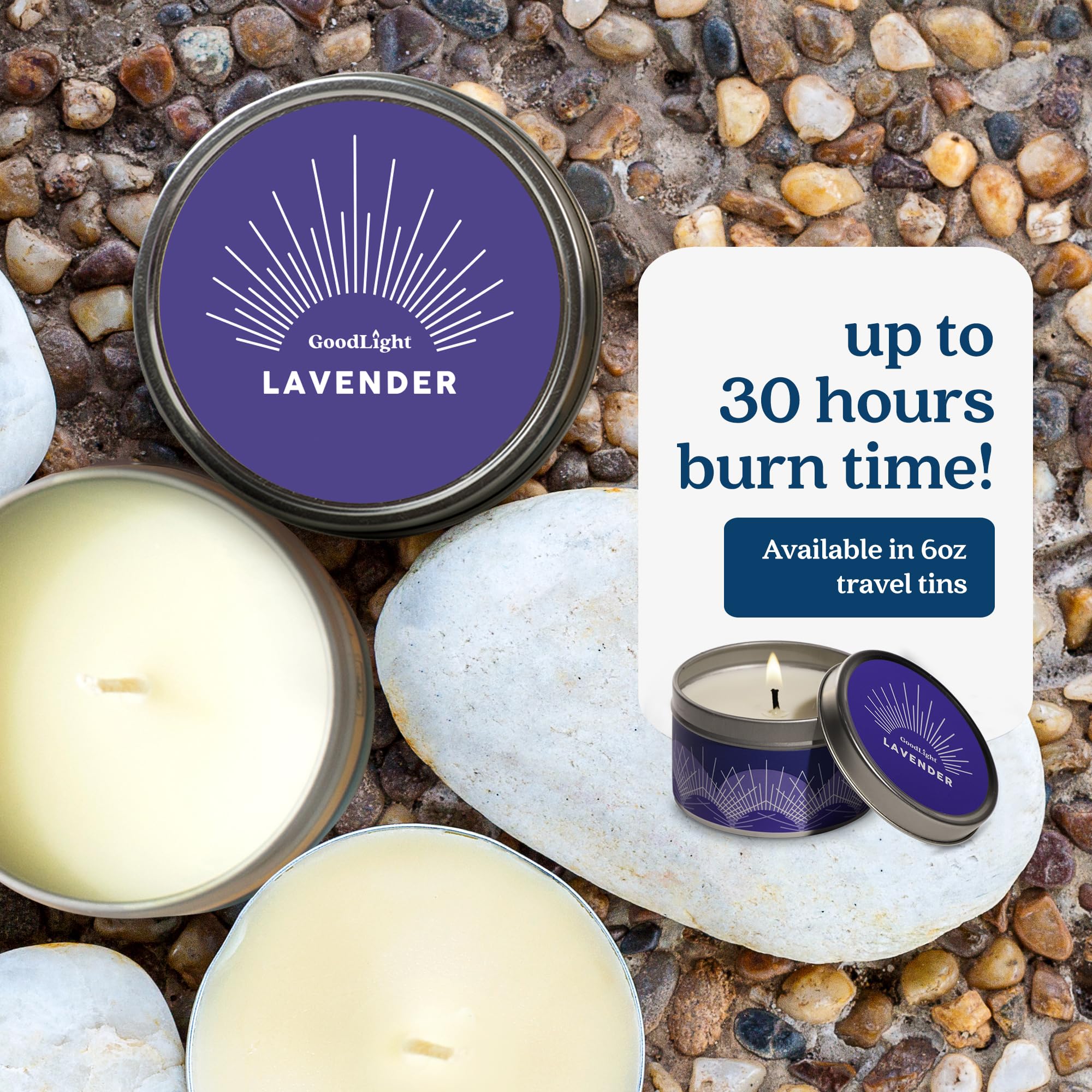 Paraffin-free non-toxic candle with lavender scent in tin