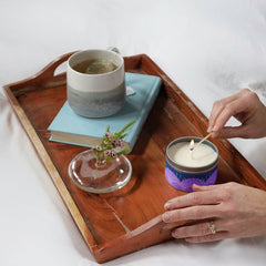 Long-burning lavender travel candle in recyclable tin