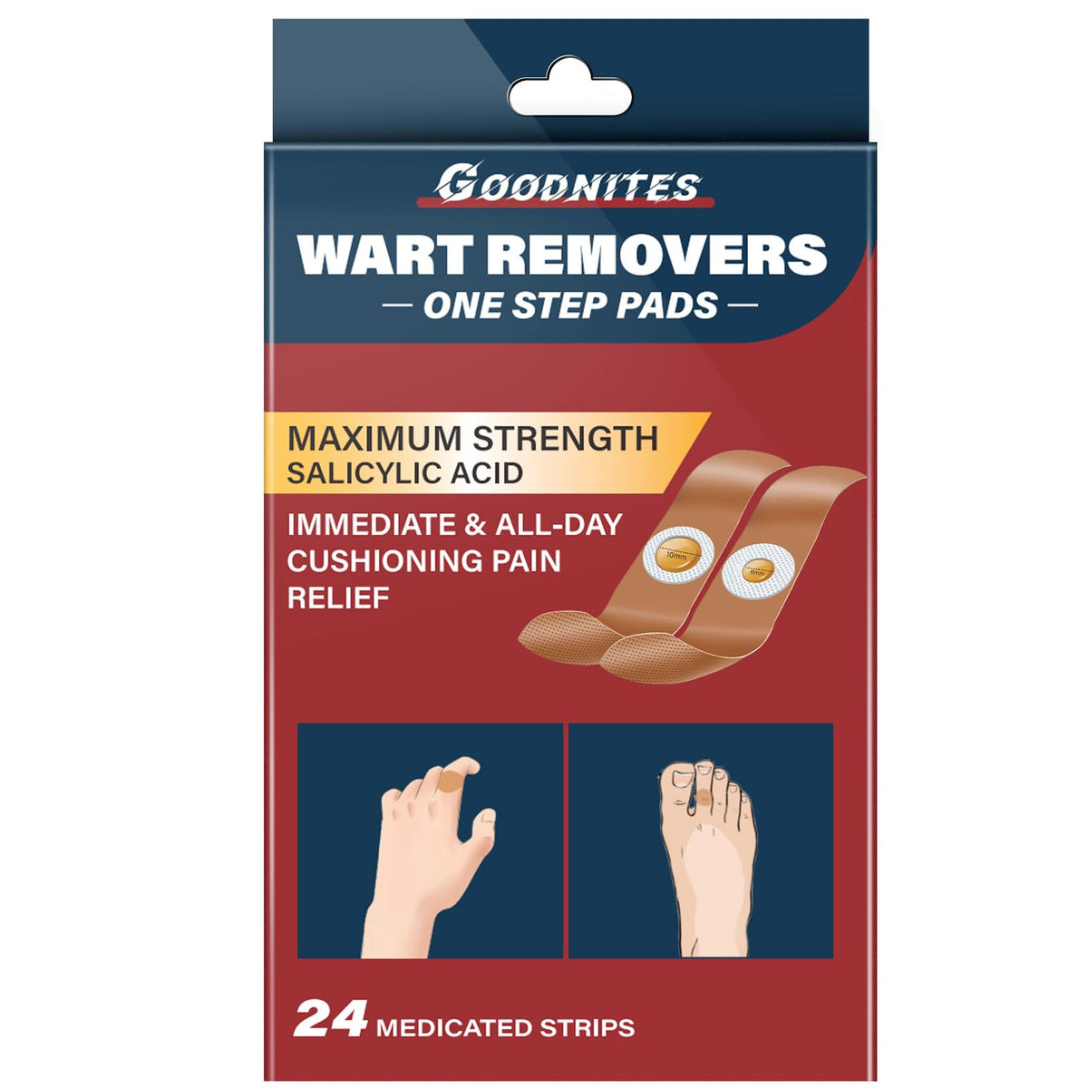 Goodnites wart remover pads box front showing dual-size medicated centers for precise coverage