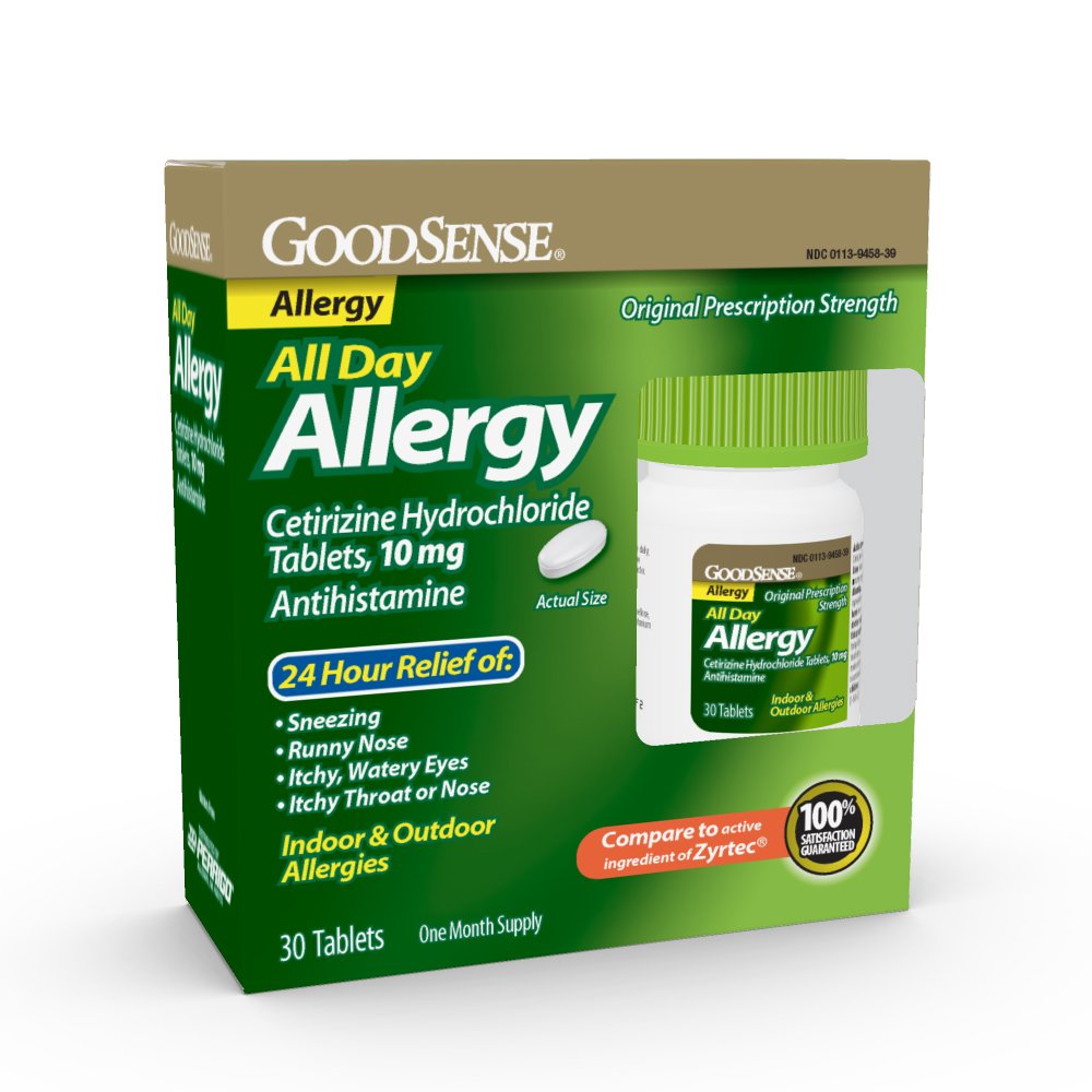 GoodSense Allergy Relief bottle closeup highlights cetirizine 10 mg for all-day comfort.