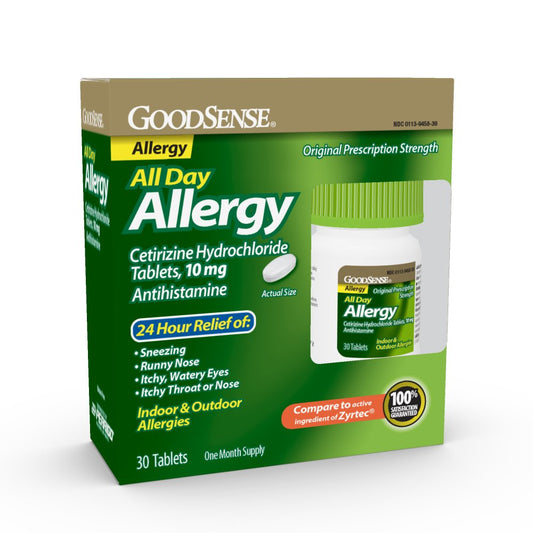 GoodSense Allergy Relief bottle closeup highlights cetirizine 10 mg for all-day comfort.