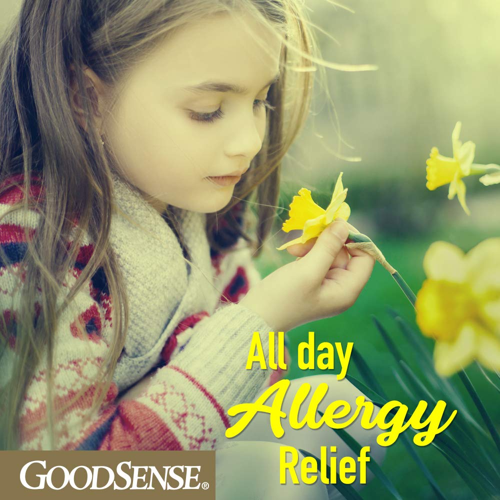 GoodSense packaging label shows cetirizine active ingredient and dosing information.