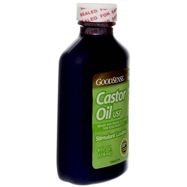 Castor oil bottle with cap open showing oil