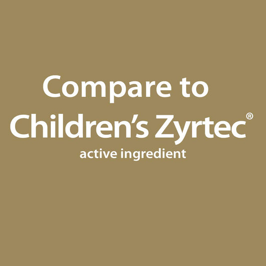 Bottle and dosing cup of GoodSense Children's All Day Allergy Cetirizine Hydrochloride Oral Solution 1 mg/mL in grape flavor