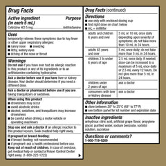 GoodSense Children's All Day Allergy grape label close-up showing dye-free and sugar-free notes.