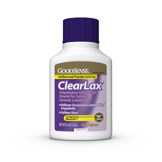 GoodSense ClearLax powder jar on countertop for gentle constipation relief preparation.