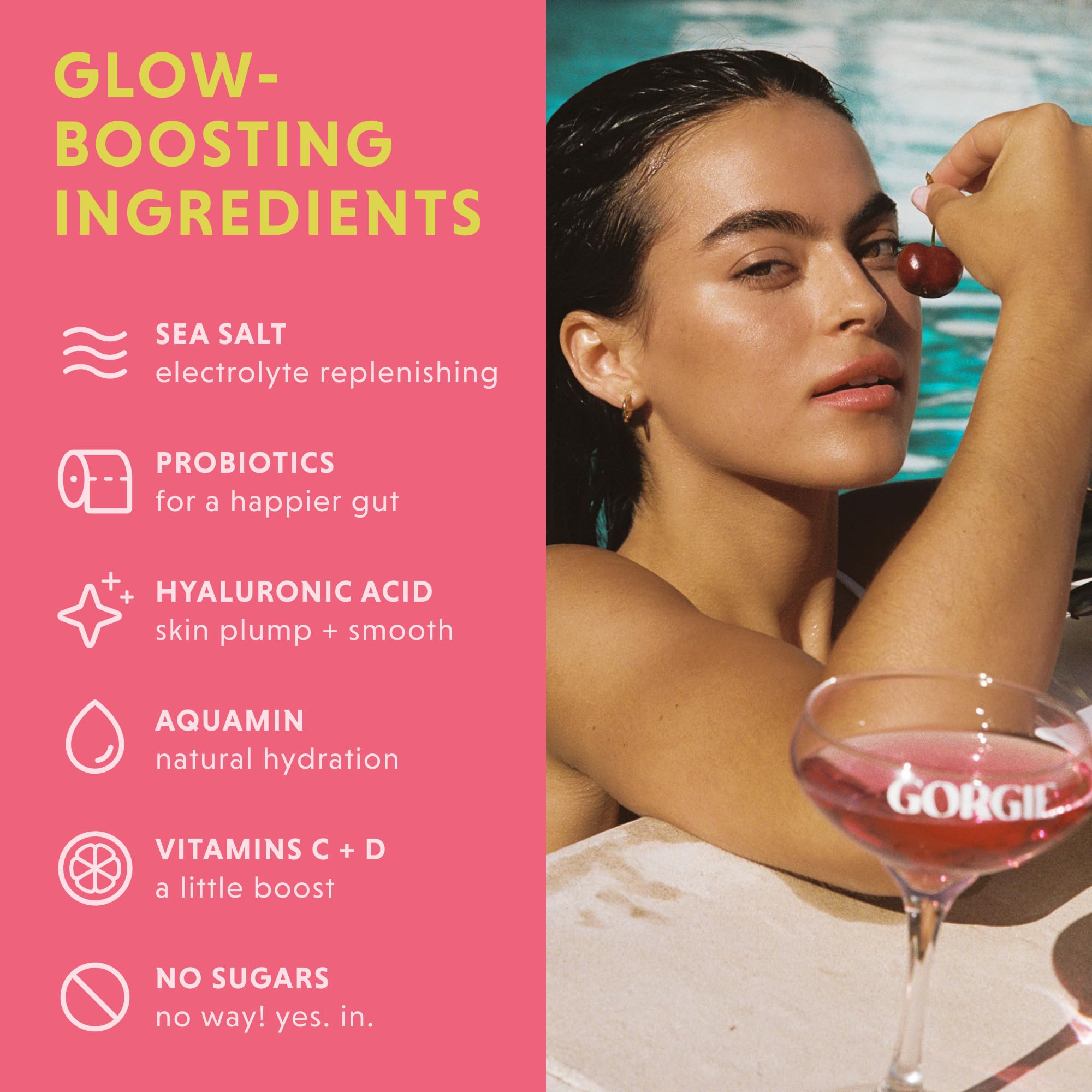 Icons representing hyaluronic acid, vitamins C & D, and probiotics