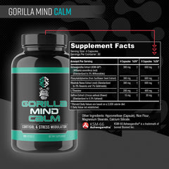 Gorilla Mind Calm label closeup showing ingredients and calm-focused benefits.