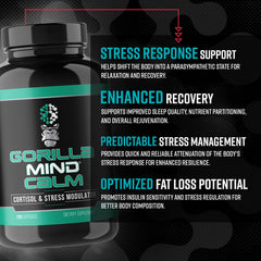 Gorilla Mind Calm packaging display featuring 120 capsules and key stress management benefits.