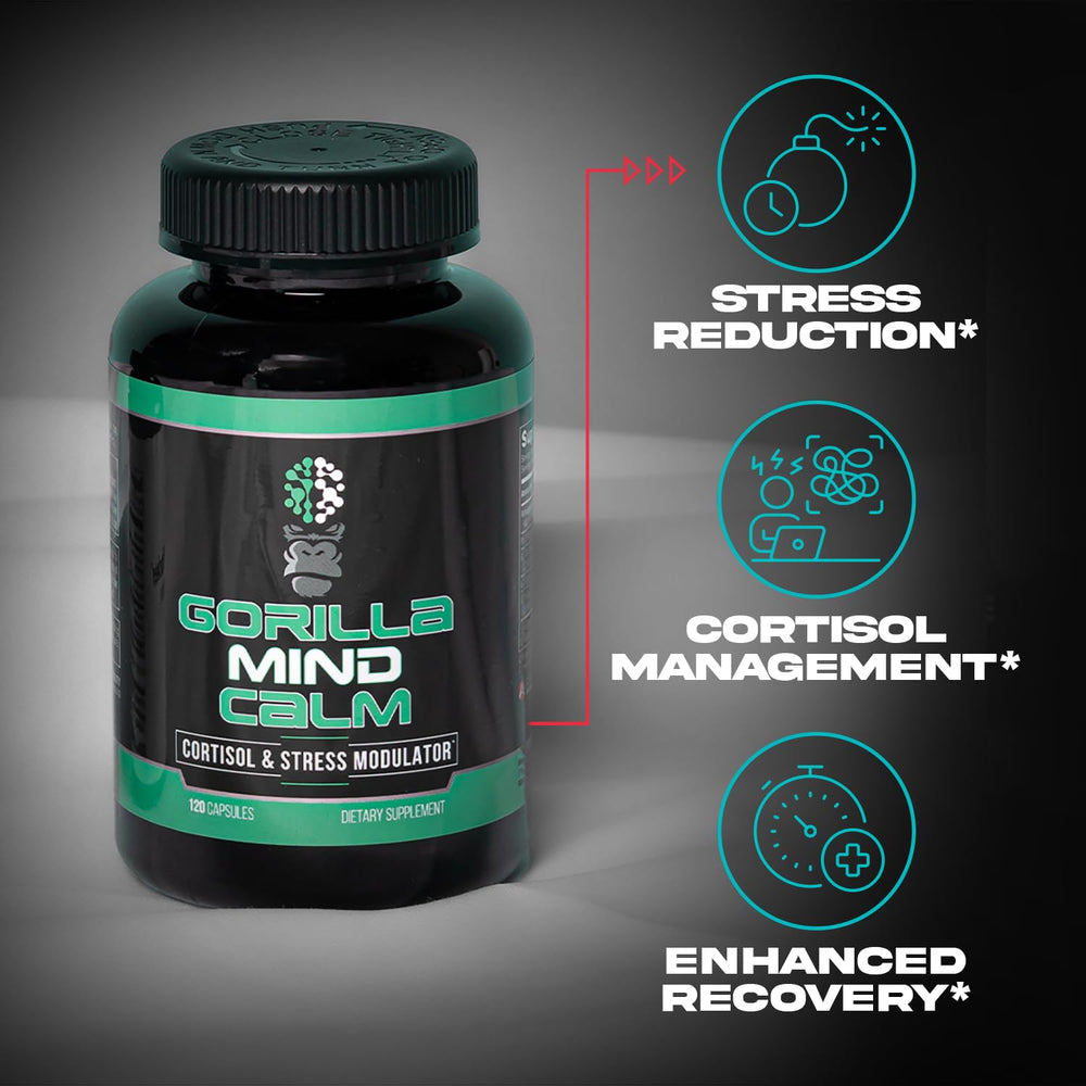 Gorilla Mind Calm pills closeup emphasizing easy-to-swallow capsules for relaxation support.