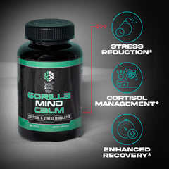 Gorilla Mind Calm pills closeup emphasizing easy-to-swallow capsules for relaxation support.