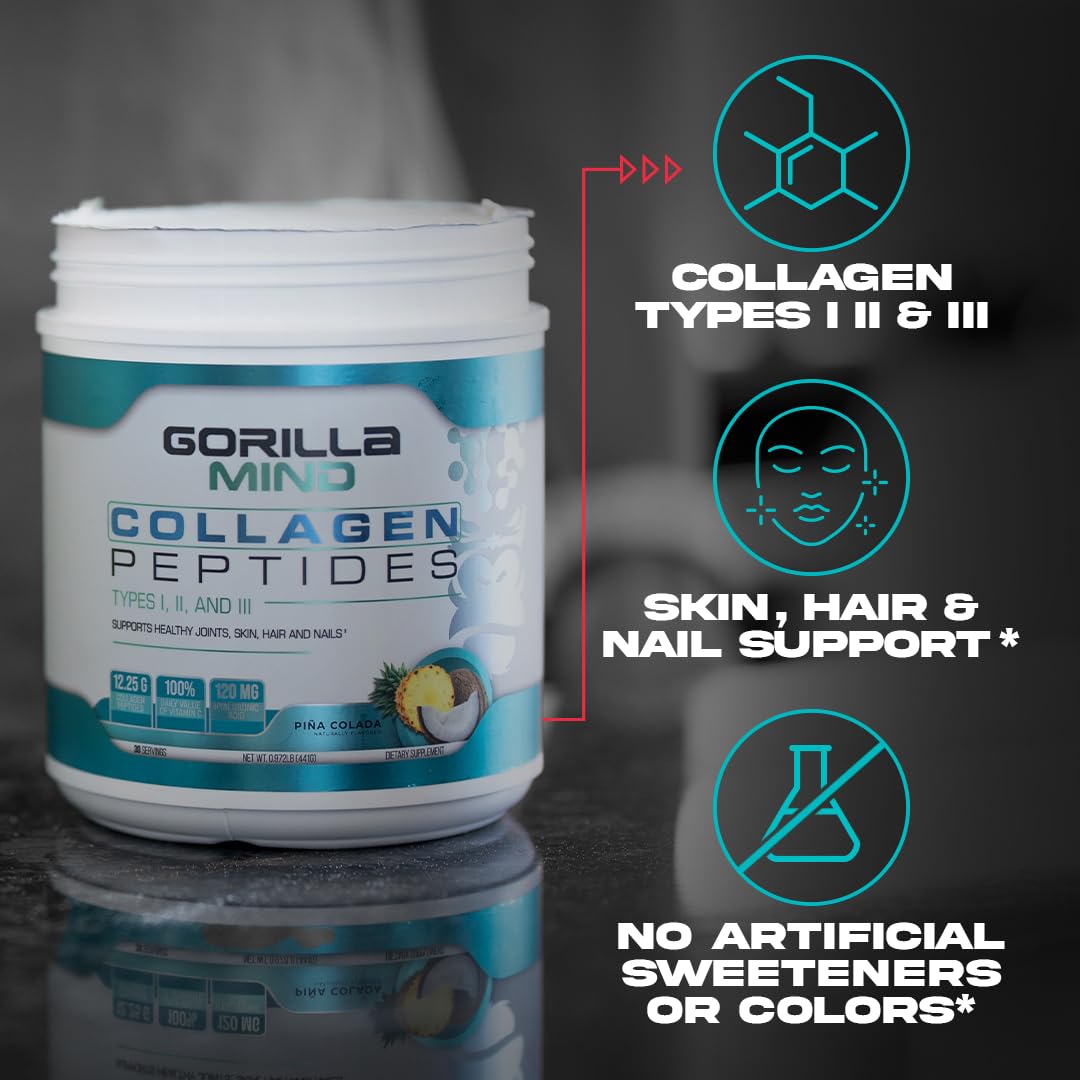 Glass of water with Mixed Berry Gorilla Mind Collagen Peptides