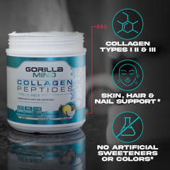Glass of water with Mixed Berry Gorilla Mind Collagen Peptides