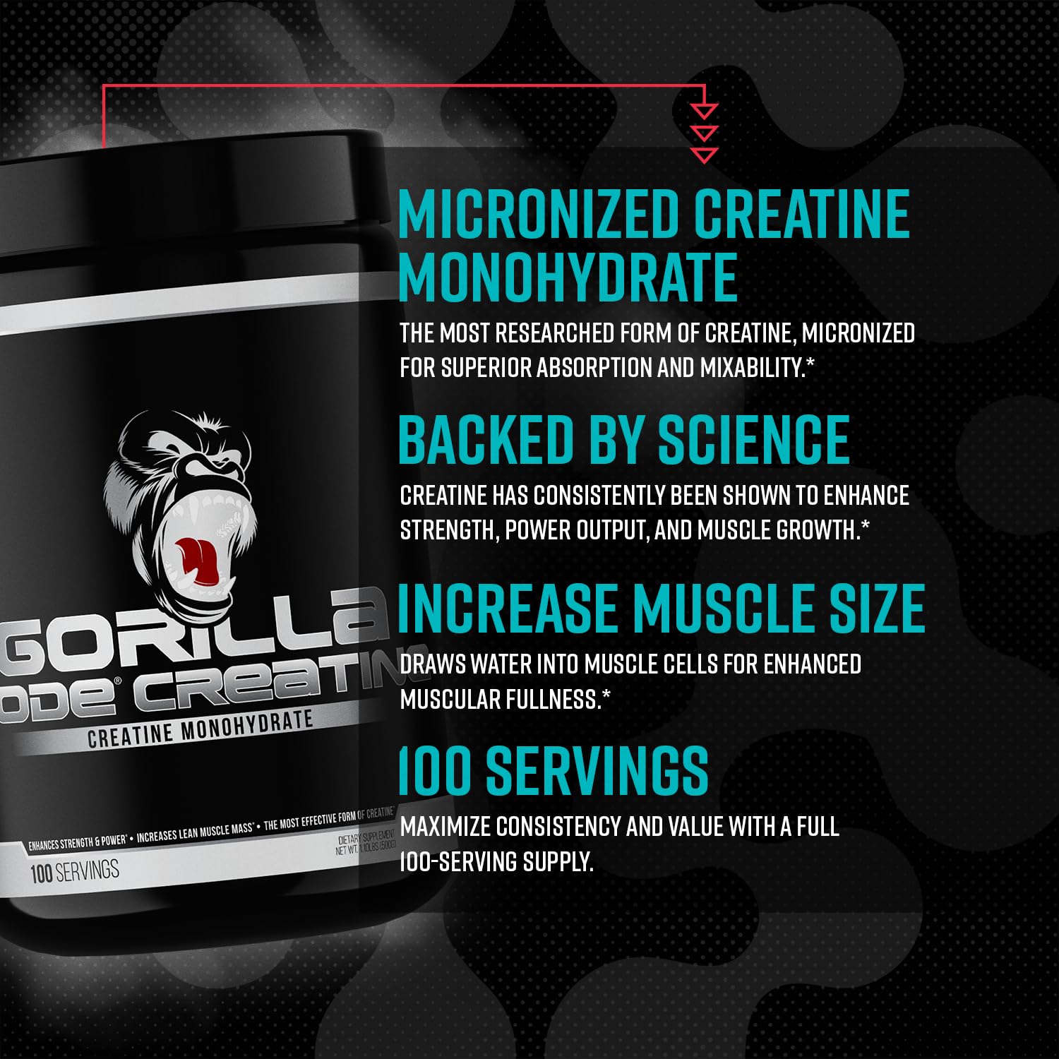 Gorilla Mind Creatine Monohydrate label detail highlighting product features.