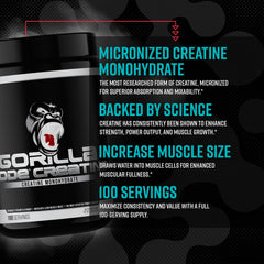 Gorilla Mind Creatine Monohydrate label detail highlighting product features.