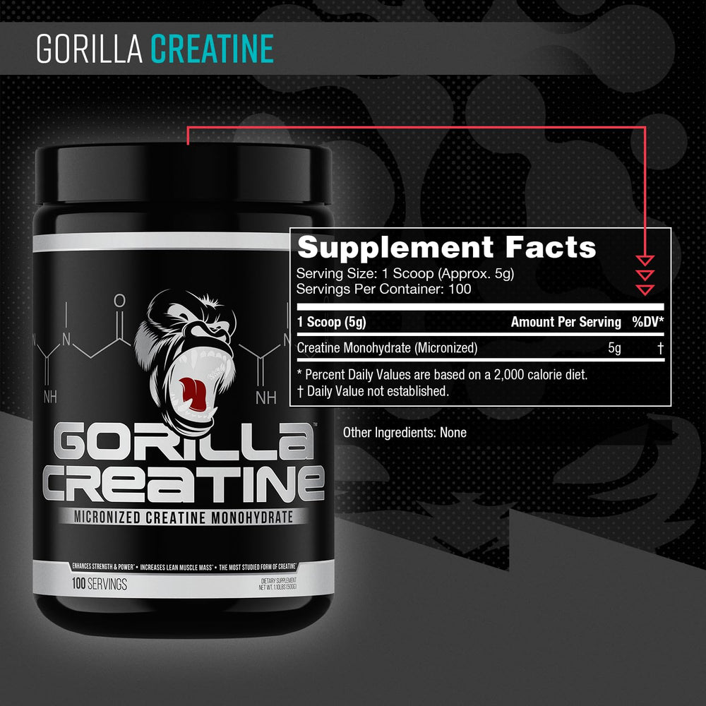 Gorilla Mind Creatine Monohydrate scoop beside bottle for precise serving.