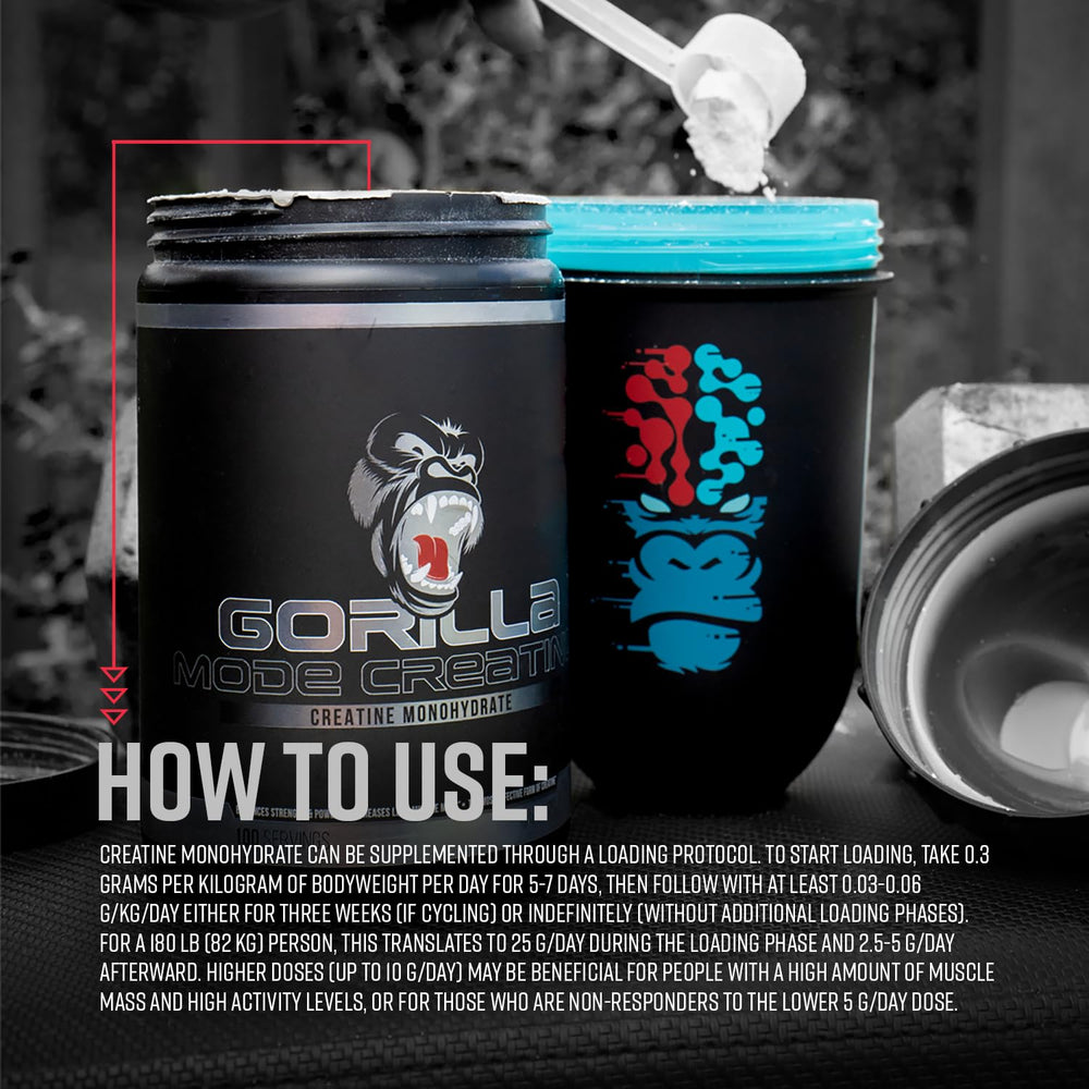 Gorilla Mind Creatine Monohydrate being stirred in a shaker for workouts.
