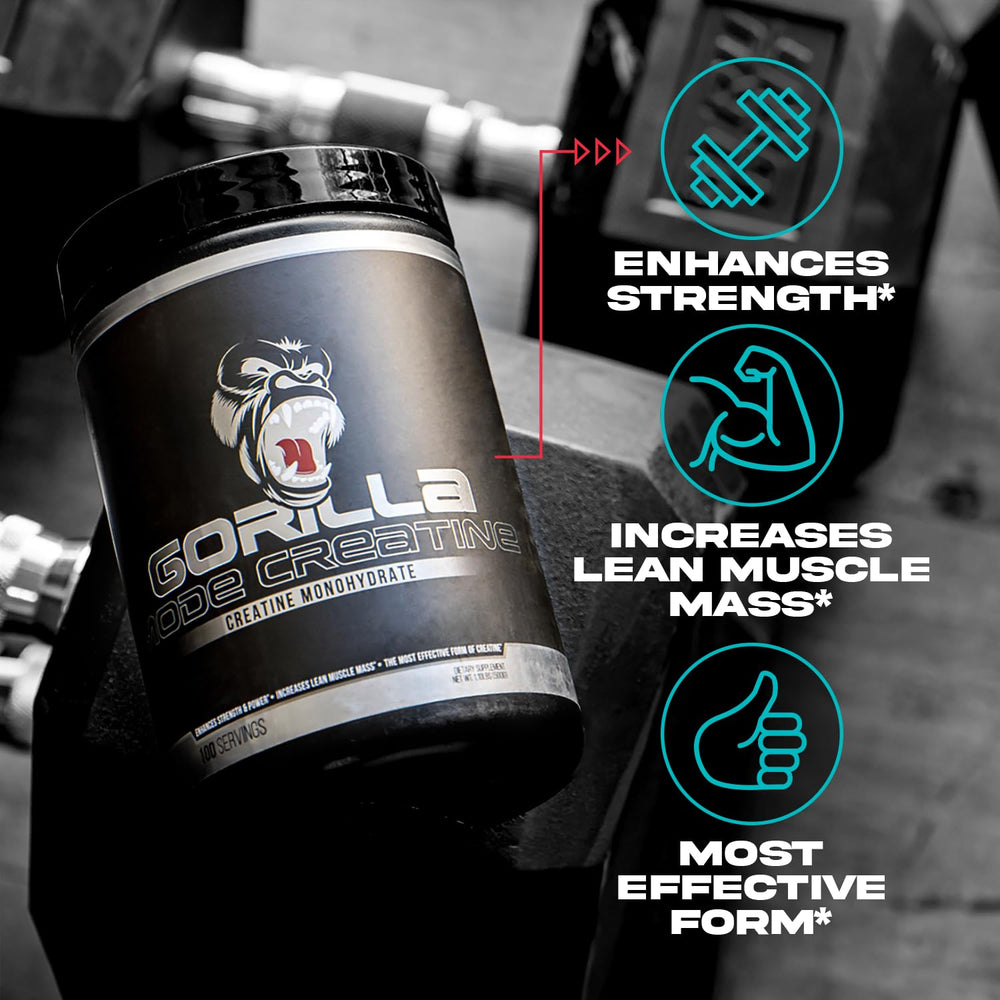 Gorilla Mind Creatine Monohydrate powder close-up shows fine texture for smooth mix.