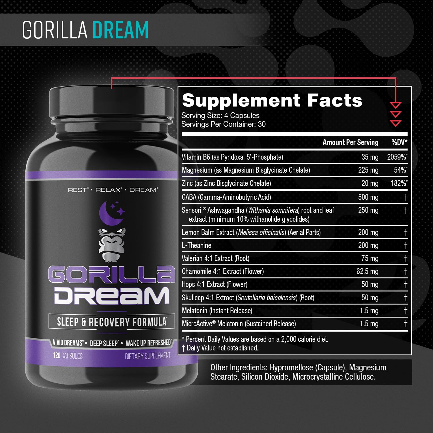 Close-up of Gorilla Mind Dream Sleep capsules promoting restful sleep.
