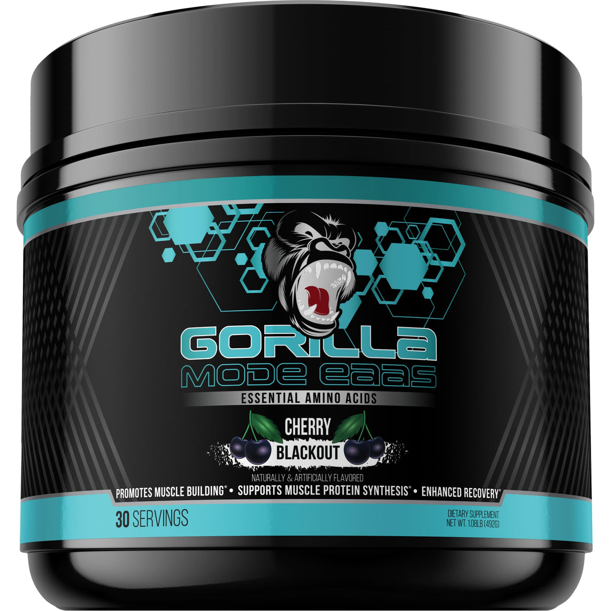 Gorilla Mind Essential Amino Acids bottle in Cherry Blackout flavor