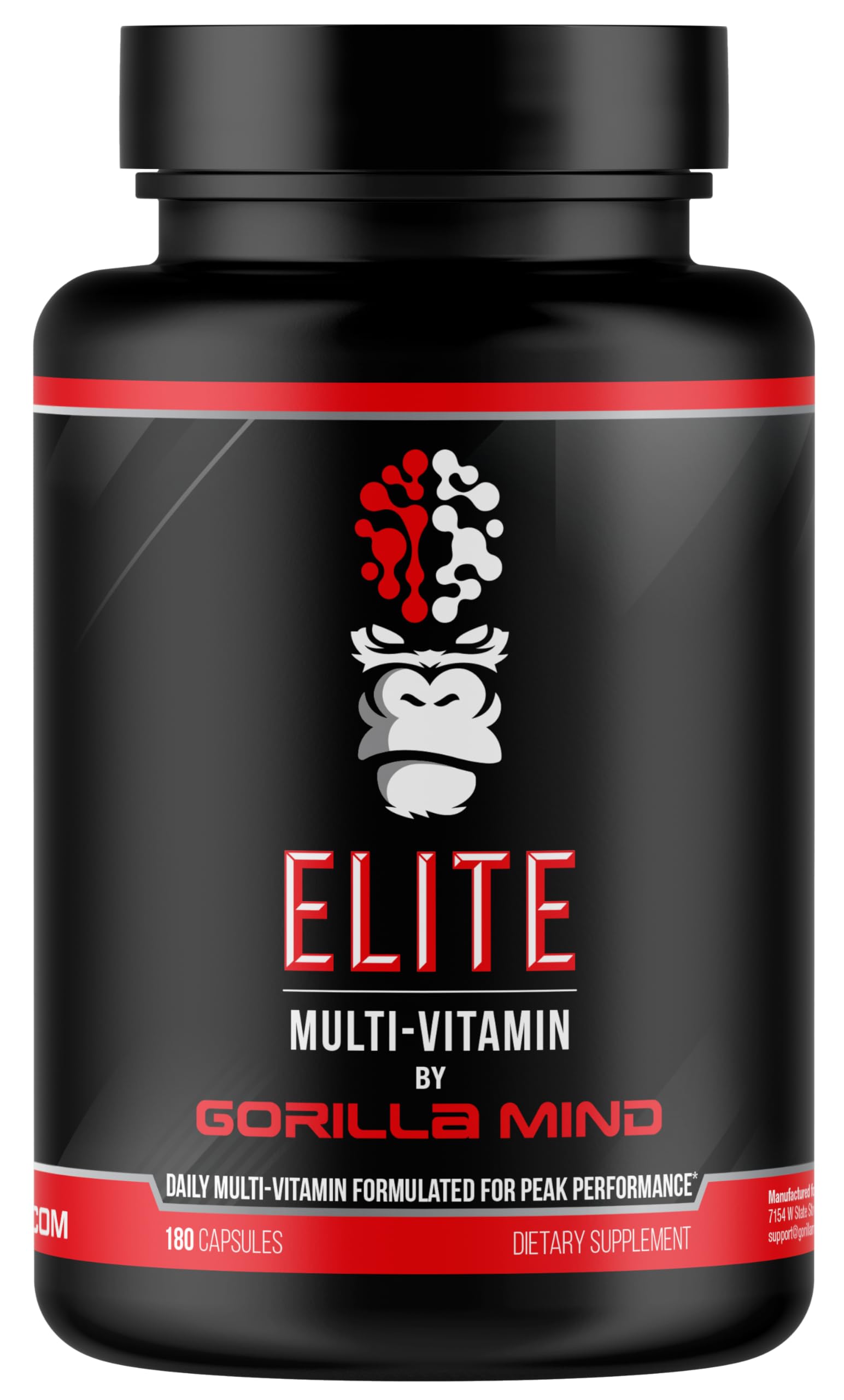 Gorilla Mind Elite Multi-Vitamin bottle with 180 capsules, front view