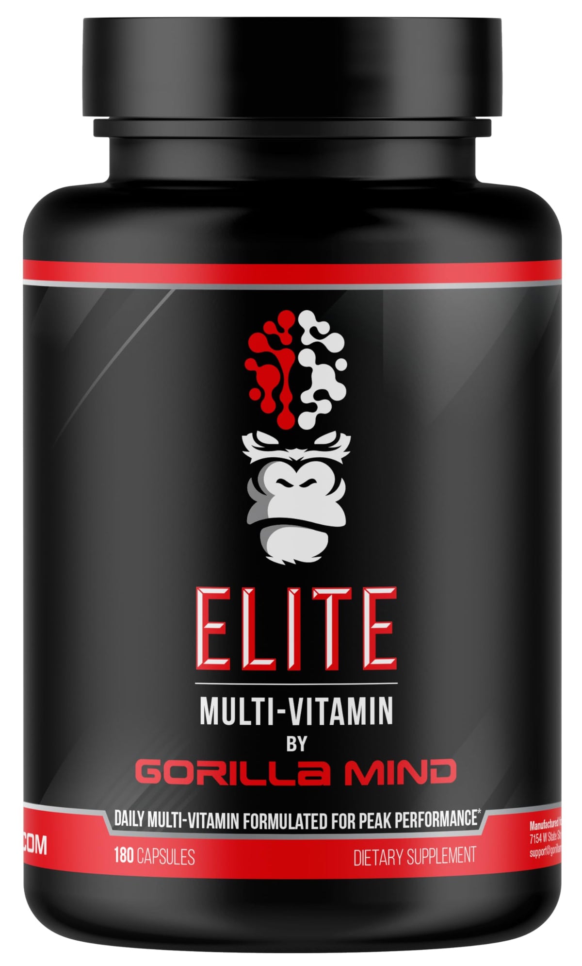 Gorilla Mind Elite Multi-Vitamin bottle with 180 capsules, front view