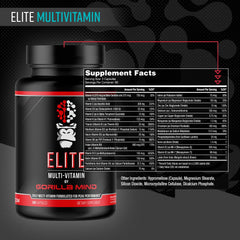 Nutritional information label for Gorilla Mind Elite Multi-Vitamin