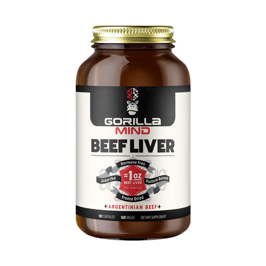 Gorilla Mind Grass-Fed Argentinian Beef Liver bottle and capsules