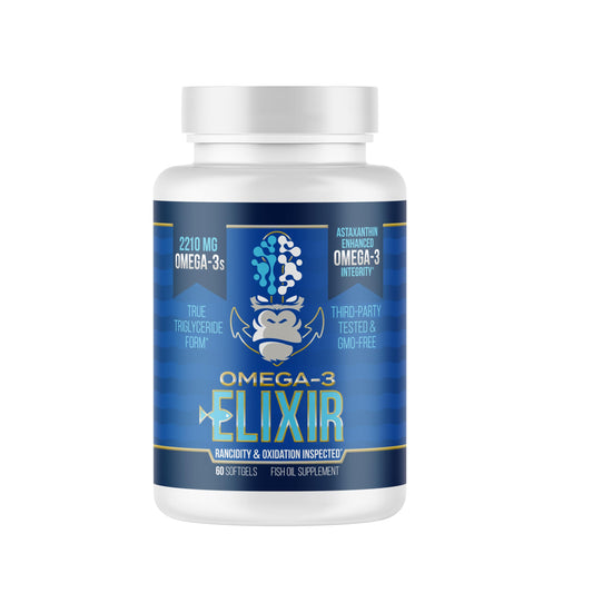 Gorilla Mind Omega-3 Elixir hero image with 60 softgels