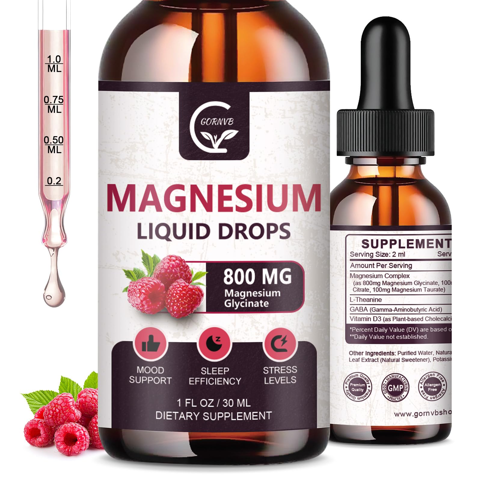 GORNVB Magnesium Glycinate Liquid Drops Raspberry bottle front